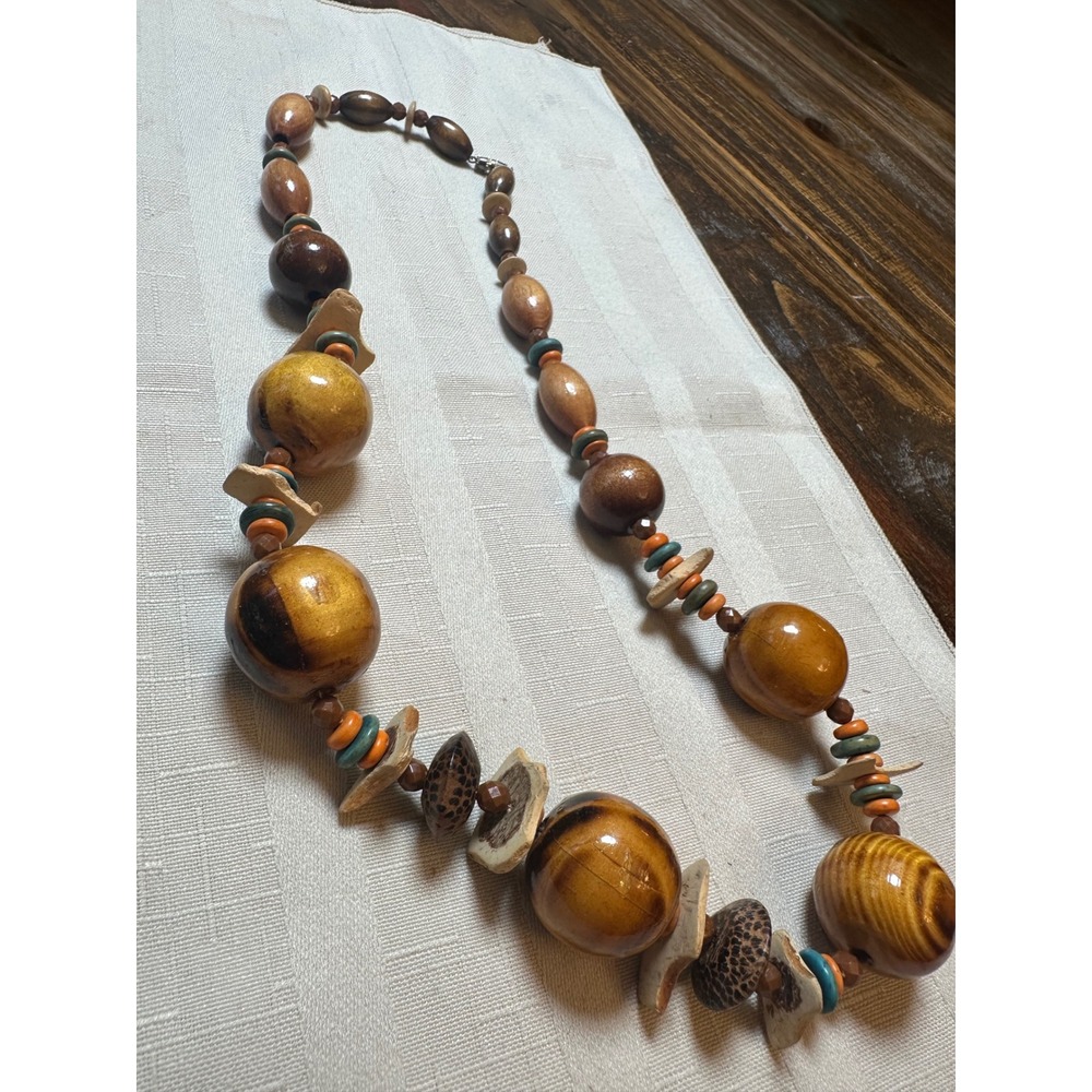 Vintage Chunky Wooden Bead Statement Necklace Earthy Boho Seed Pod Barrel Clasp